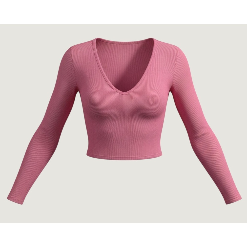 Ribbed Long Sleeve Top Womens Large Pink Notch Neck Cropped Shirt